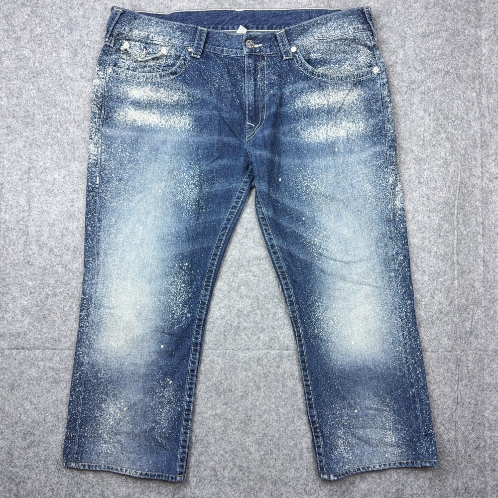 True Religion Jeans Mens 42x26 Blue‎ Paint Splatter Straight Flap Pockets Denim